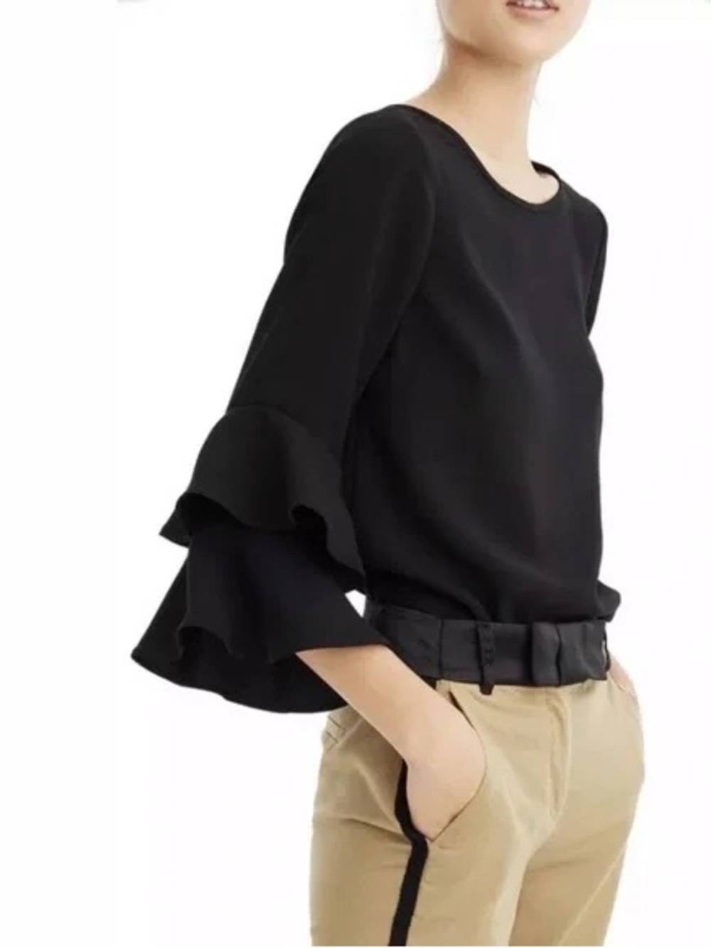 J.Crew Black Double Tier Ruffle Bell Sleeve Blouse Top Size 8 Career Keyhole